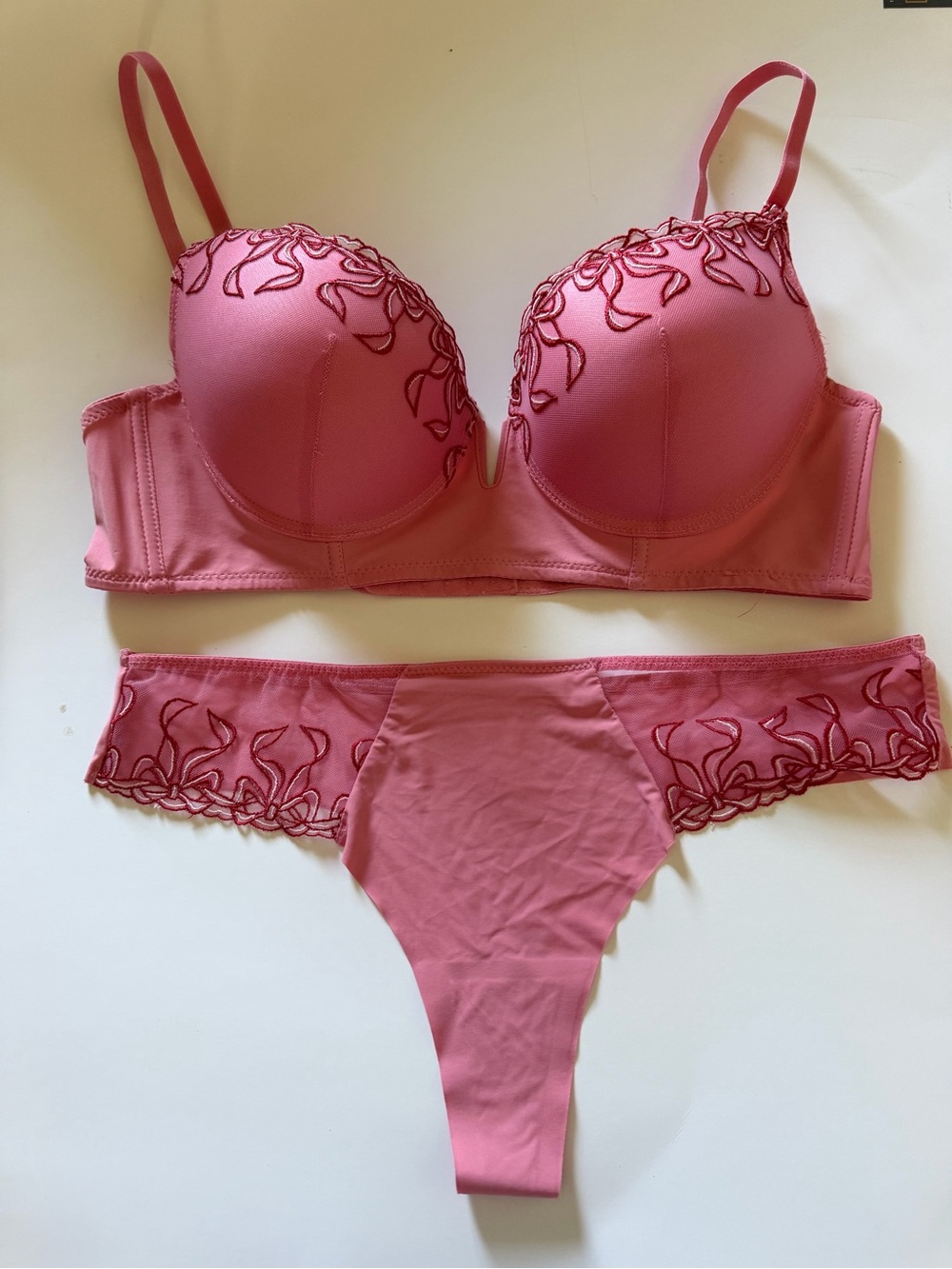 New- Pink Embroidered Balconette Bra and Thong Set